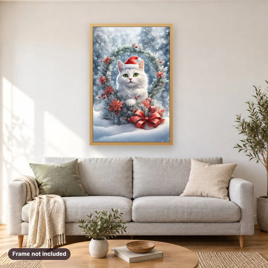 Purrfect Christmas Elegance diamond painting shown framed on a living room wall above a sofa