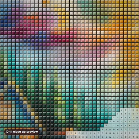Close-up preview of the Quaint Cabin on the Forest Lake diamond painting with square 5D drills and printed canvas symbols