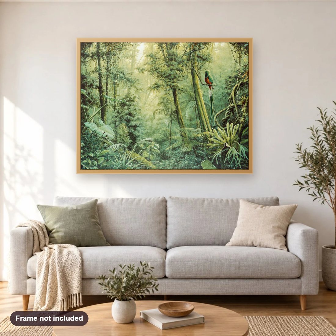 Quetzal diamond painting shown framed on a living room wall above a sofa