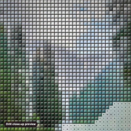 Close-up preview of the Quiet Mountain Lake diamond painting with square 5D drills and printed canvas symbols