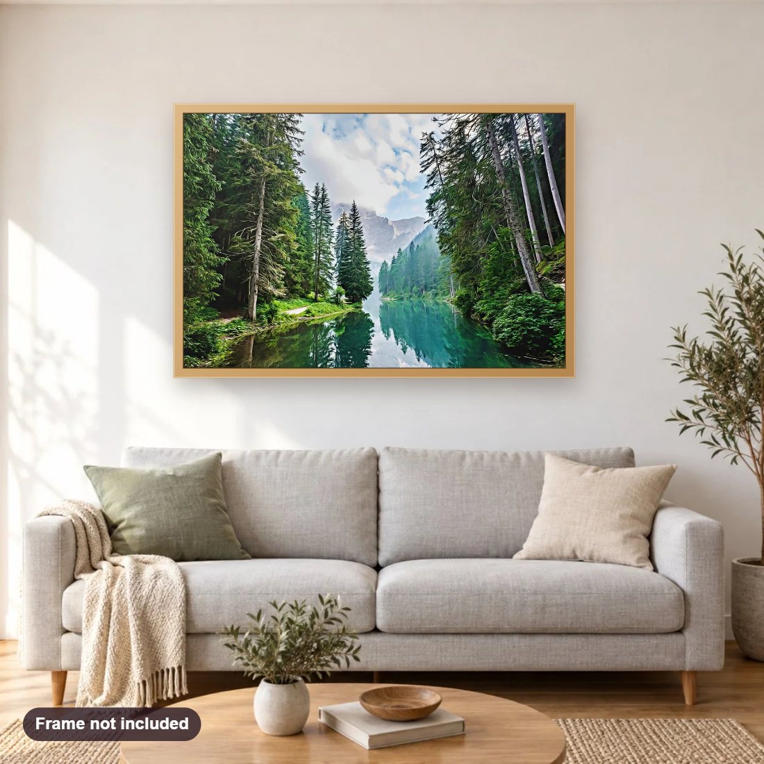 Quiet Mountain Lake diamond painting shown framed on a living room wall above a sofa