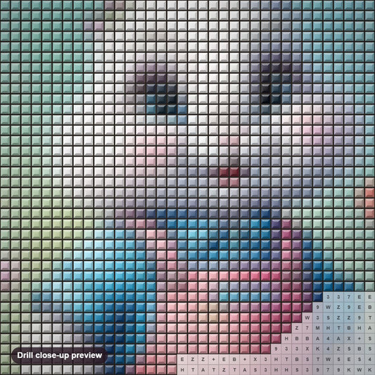 Close-up preview of the Rabbit in a Charming Outfit diamond painting with square 5D drills and printed canvas symbols