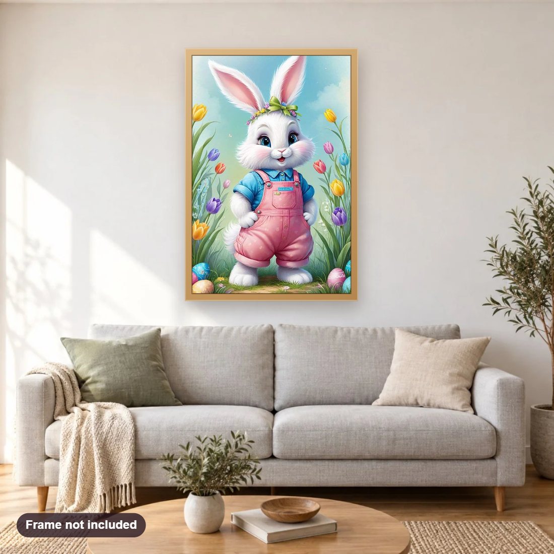 Rabbit in a Charming Outfit diamond painting shown framed on a living room wall above a sofa
