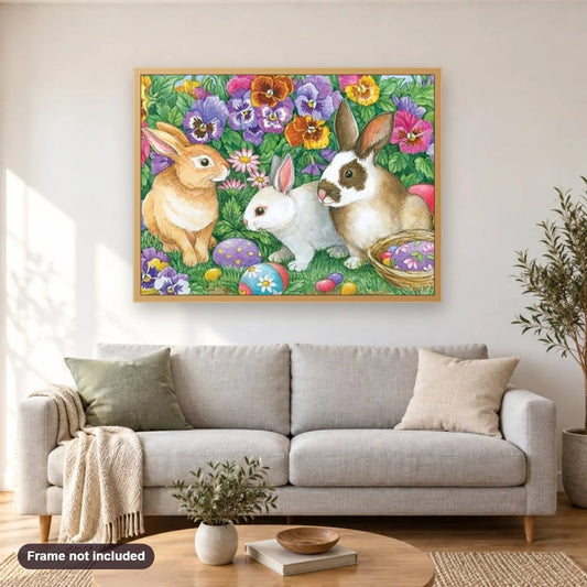 Rabbits & Flowers diamond painting shown framed on a living room wall above a sofa