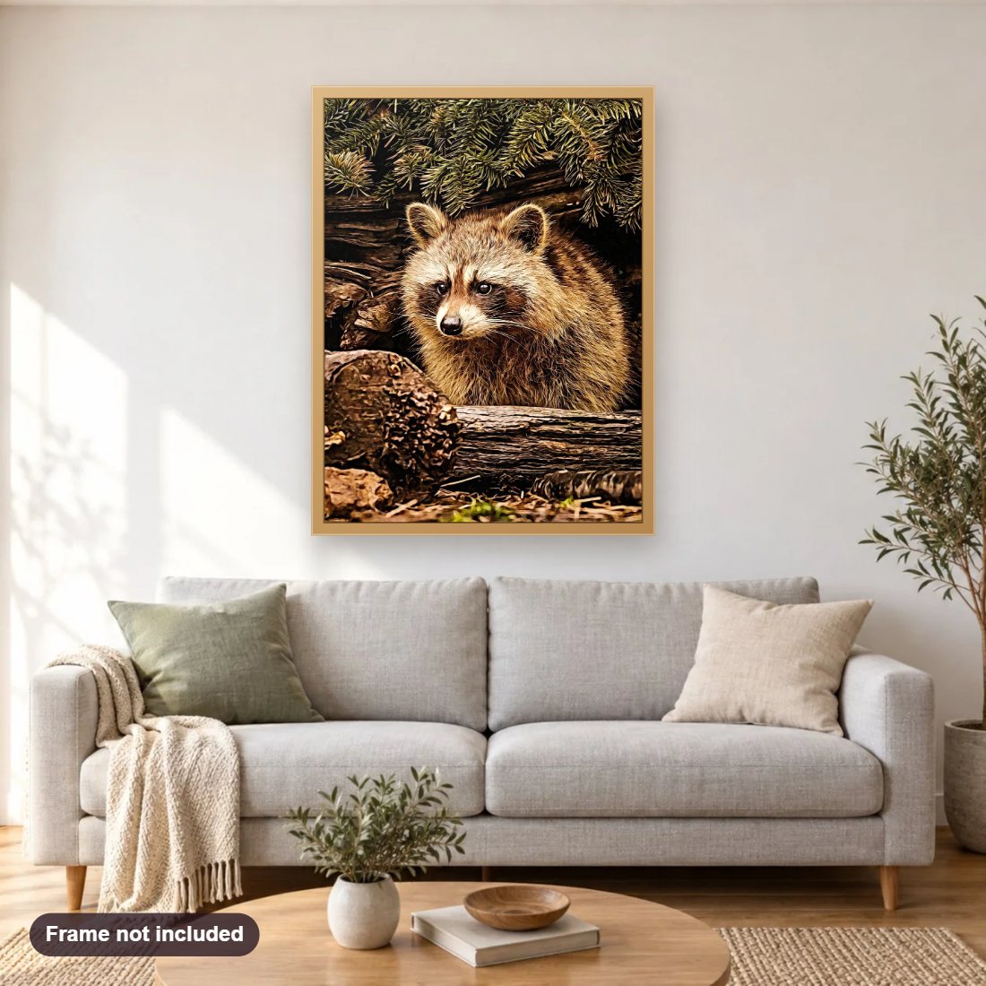 Raccoon diamond painting shown framed on a living room wall above a sofa