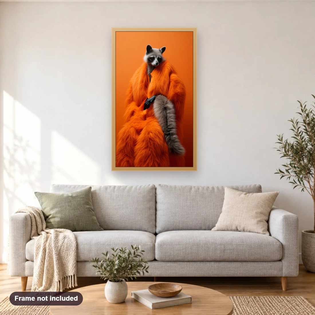 Raccoon in Furry Coat diamond painting shown framed on a living room wall above a sofa