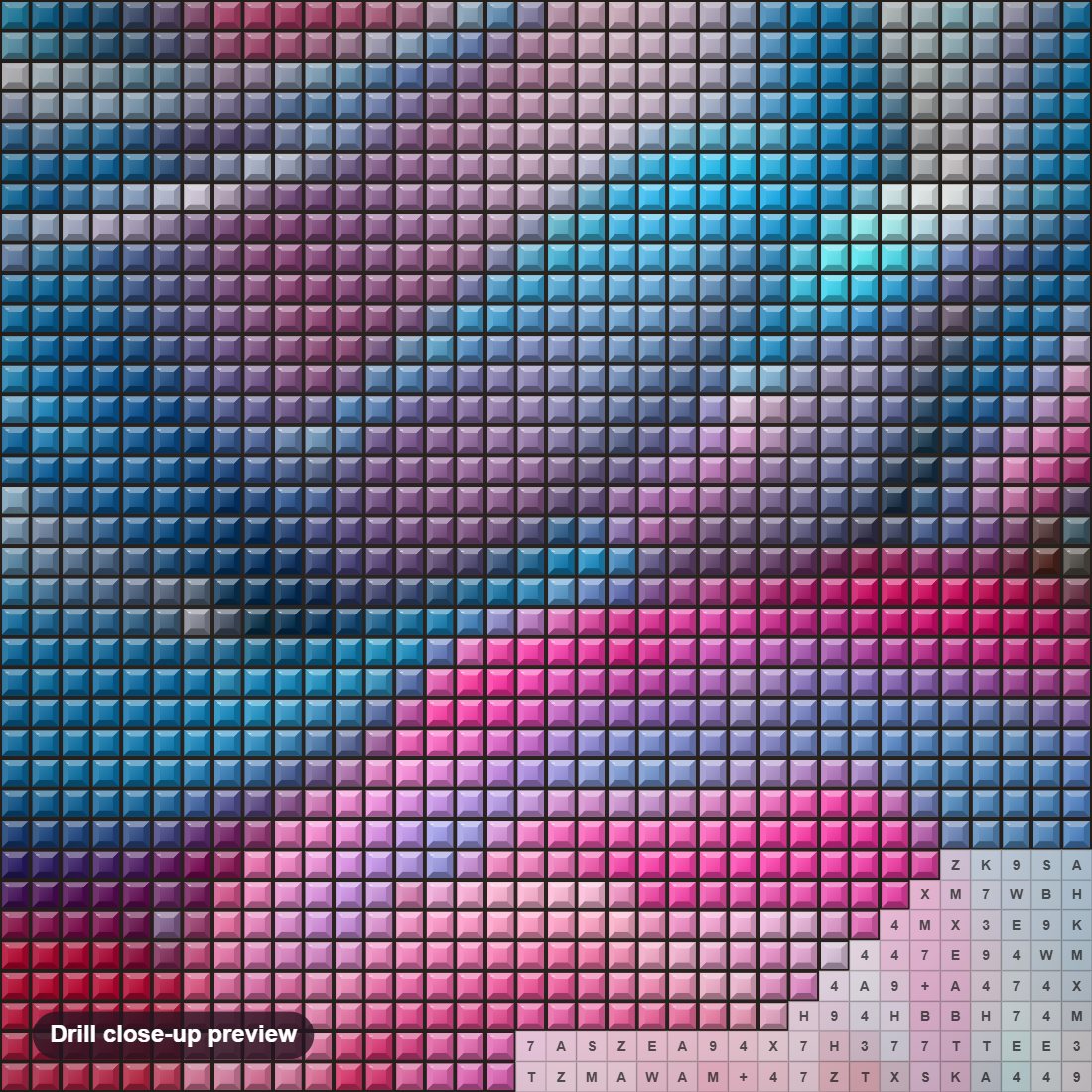 Close-up preview of the Radiant Blue and Pink Roses diamond painting with square 5D drills and printed canvas symbols