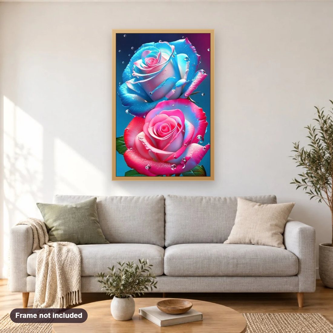 Radiant Blue and Pink Roses diamond painting shown framed on a living room wall above a sofa