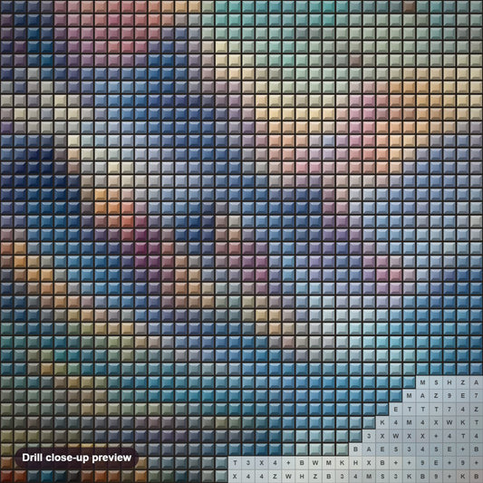 Close-up preview of the Radiant Landscapes diamond painting with square 5D drills and printed canvas symbols