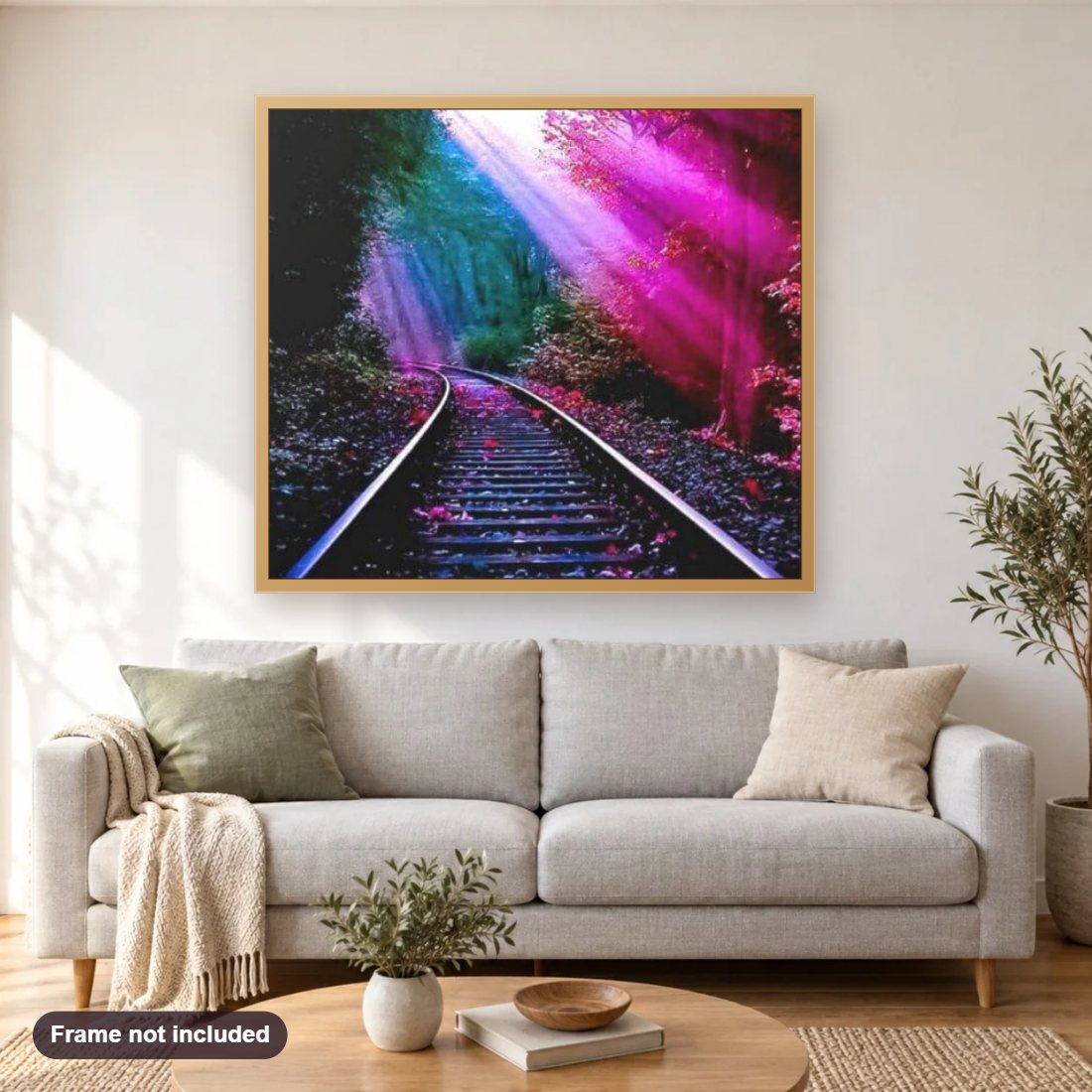 Rail Track diamond painting shown framed on a living room wall above a sofa