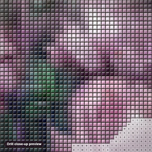 Close-up preview of the Rain Drops on Purple Roses diamond painting with square 5D drills and printed canvas symbols