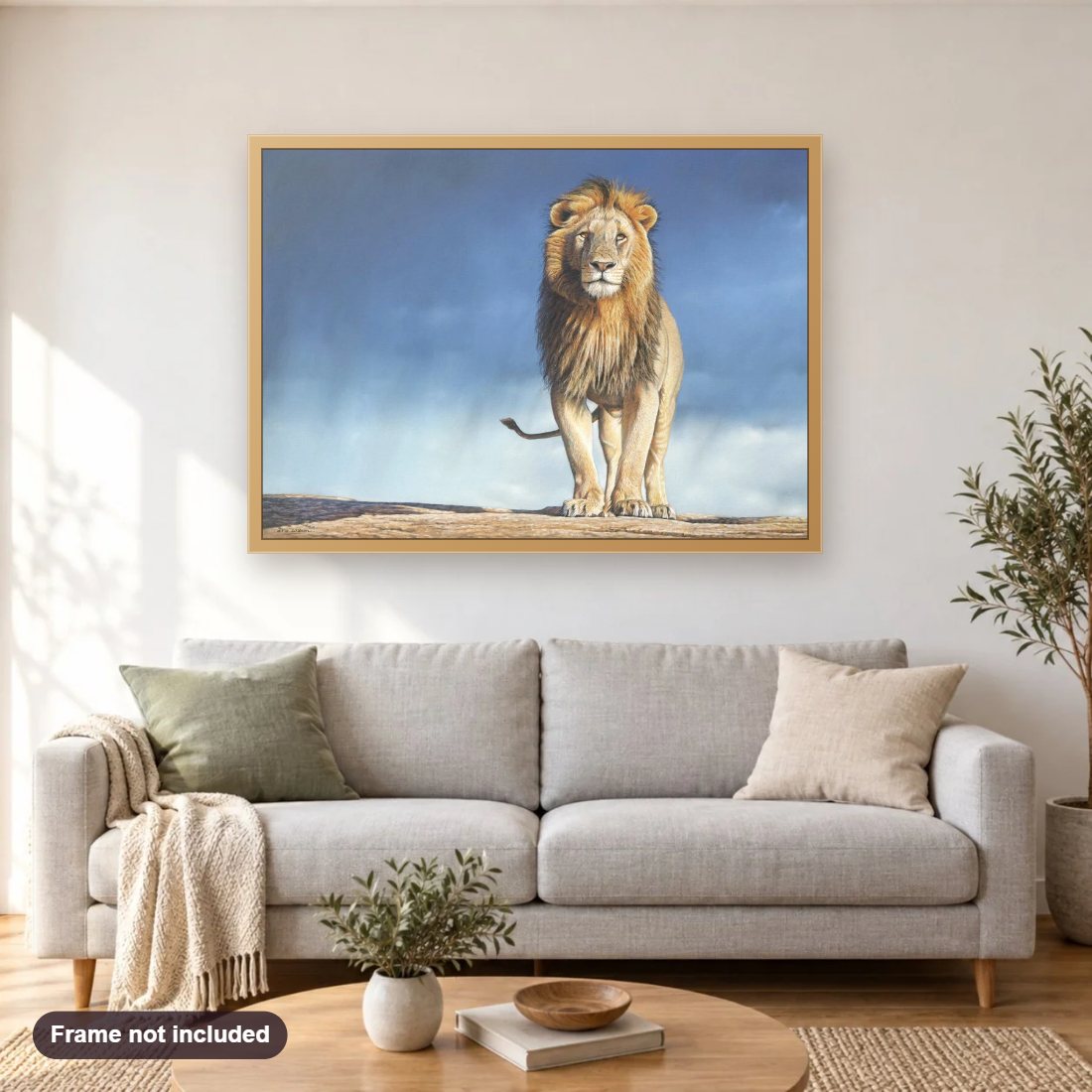Rain Maker diamond painting shown framed on a living room wall above a sofa