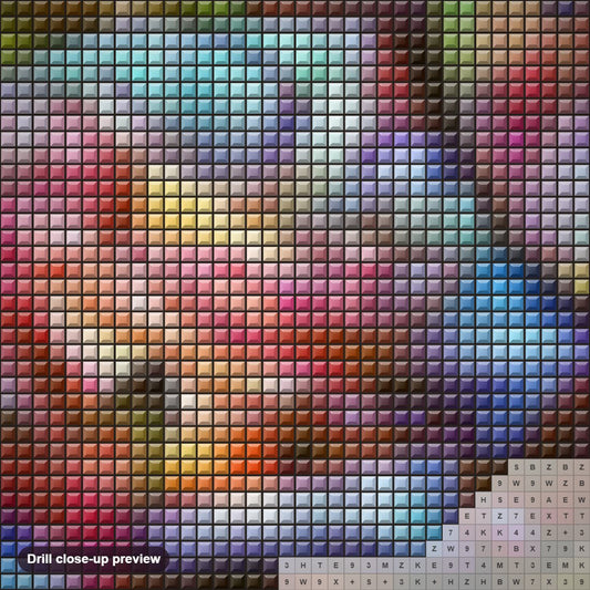 Close-up preview of the Rainbow Butterflies & Rose diamond painting with square 5D drills and printed canvas symbols