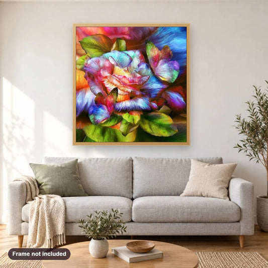 Rainbow Butterflies & Rose diamond painting shown framed on a living room wall above a sofa