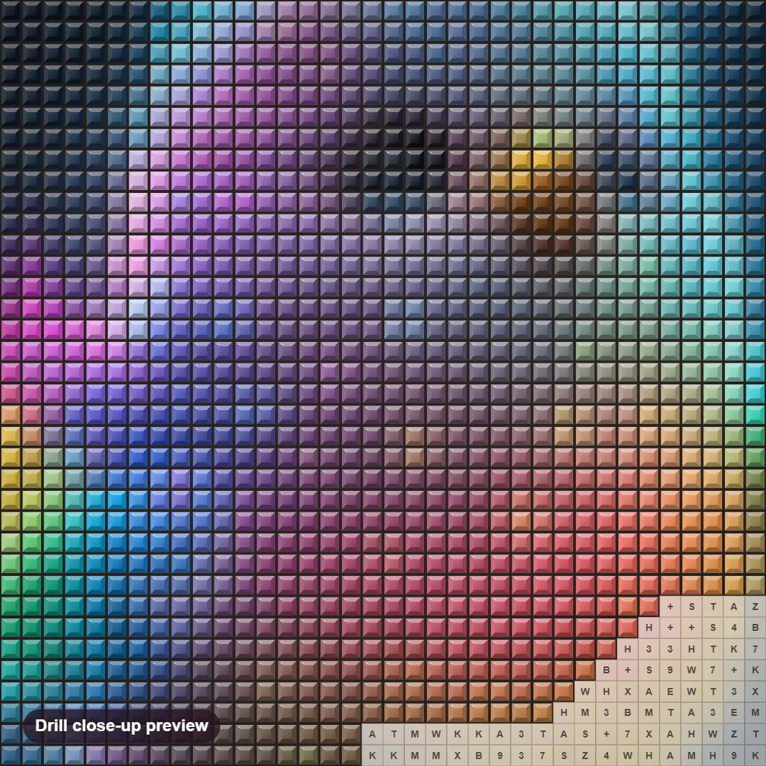 Close-up preview of the Rainbow Chick's Bright Beginning diamond painting with square 5D drills and printed canvas symbols