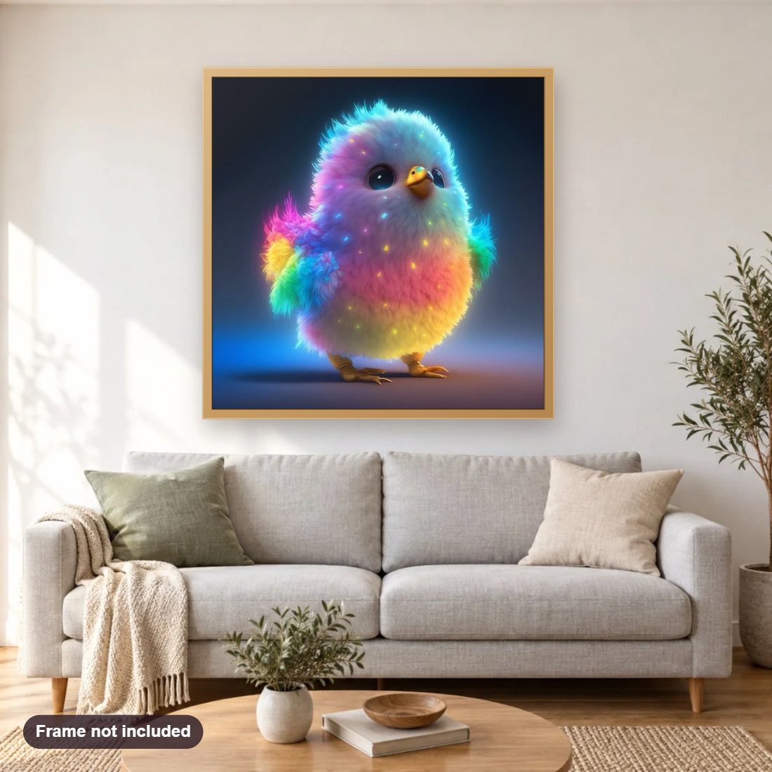 Rainbow Chick's Bright Beginning diamond painting shown framed on a living room wall above a sofa