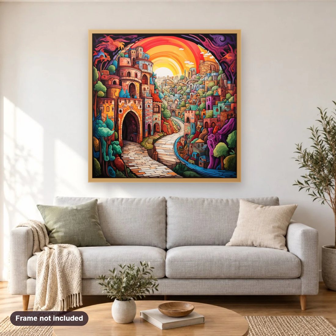 Rainbow City diamond painting shown framed on a living room wall above a sofa