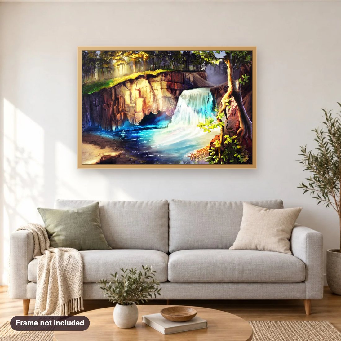 Rainbow Falls diamond painting shown framed on a living room wall above a sofa
