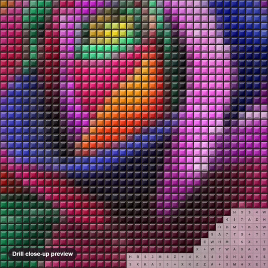 Close-up preview of the Rainbow Flower diamond painting with square 5D drills and printed canvas symbols