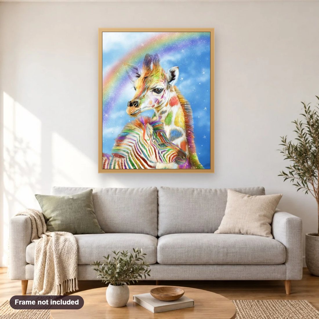 Rainbow Giraffe & Zebra diamond painting shown framed on a living room wall above a sofa