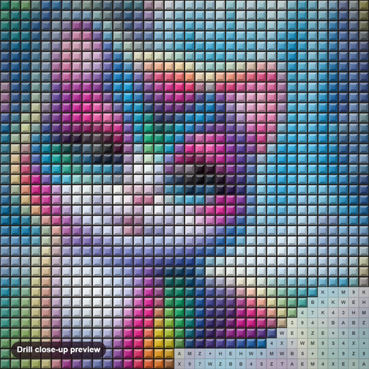 Close-up preview of the Rainbow Kitten with Flowers and Waterfall diamond painting with square 5D drills and printed canvas symbols