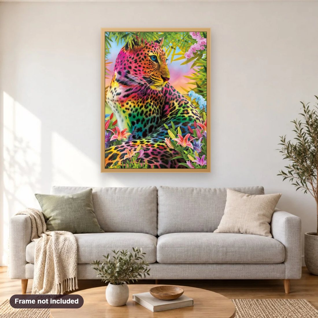 Rainbow Leopard & Flowers diamond painting shown framed on a living room wall above a sofa