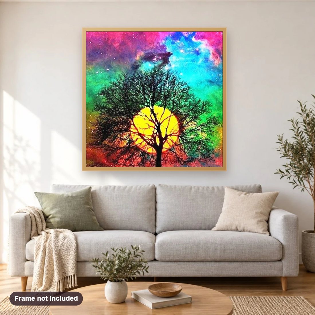 Rainbow Night Sky diamond painting shown framed on a living room wall above a sofa