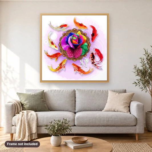 Rainbow Rose & Koi Fish diamond painting shown framed on a living room wall above a sofa