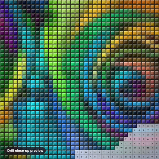 Close-up preview of the Rainbow Roses diamond painting with square 5D drills and printed canvas symbols