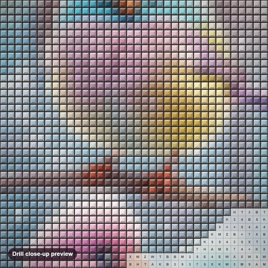 Close-up preview of the Rainbow Songbirds Cheerful Chirps diamond painting with square 5D drills and printed canvas symbols
