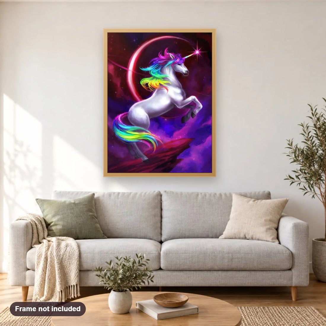Rainbow Unicorn diamond painting shown framed on a living room wall above a sofa