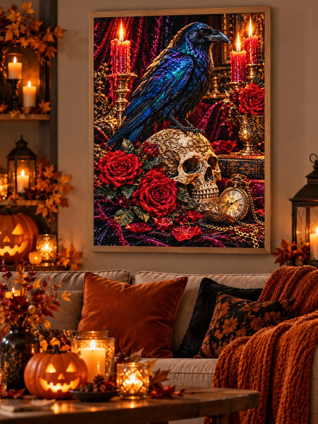 Finished raven on a gothic skull with red roses and candles diamond painting in a light oak frame hanging in a cozy living room decorated for autumn and Halloween