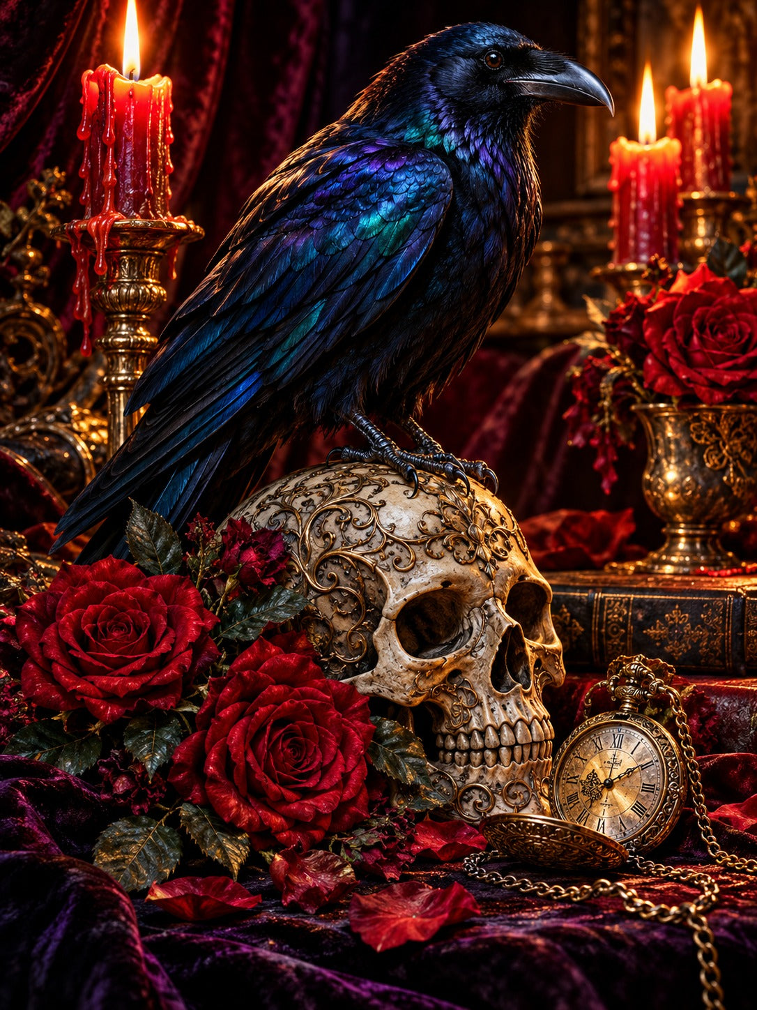 Raven on a gothic skull with red roses and candles, Halloween diamond painting kit by All Diamond Painting
