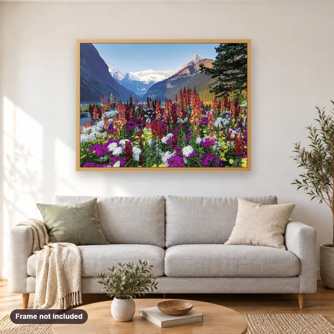 Ravens burger Flowery Mountains diamond painting shown framed on a living room wall above a sofa