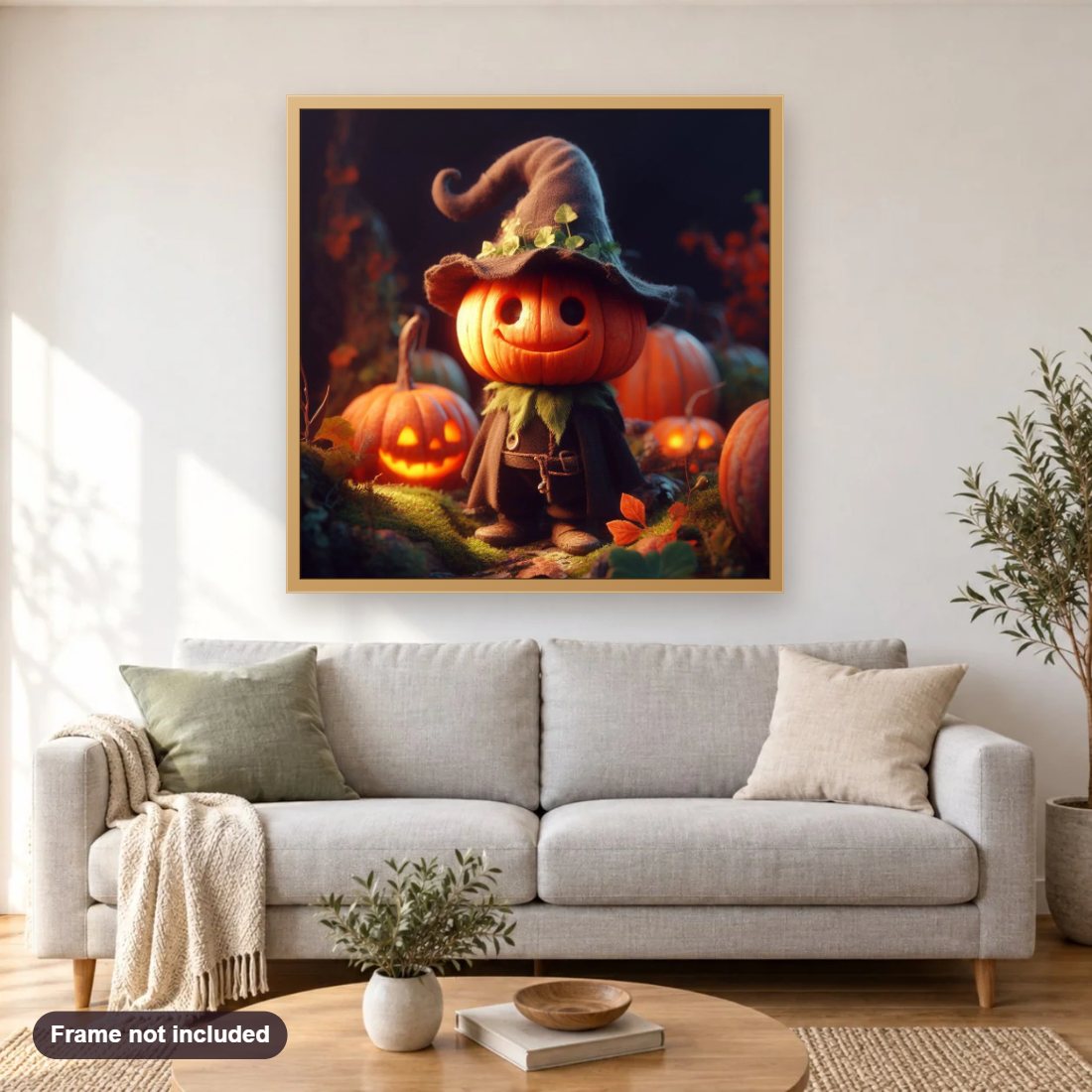 Ready for Halloween Night diamond painting shown framed on a living room wall above a sofa