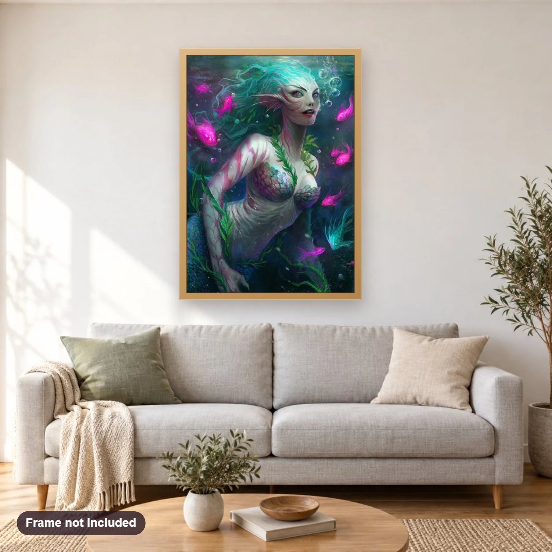 Real Mermaid diamond painting shown framed on a living room wall above a sofa