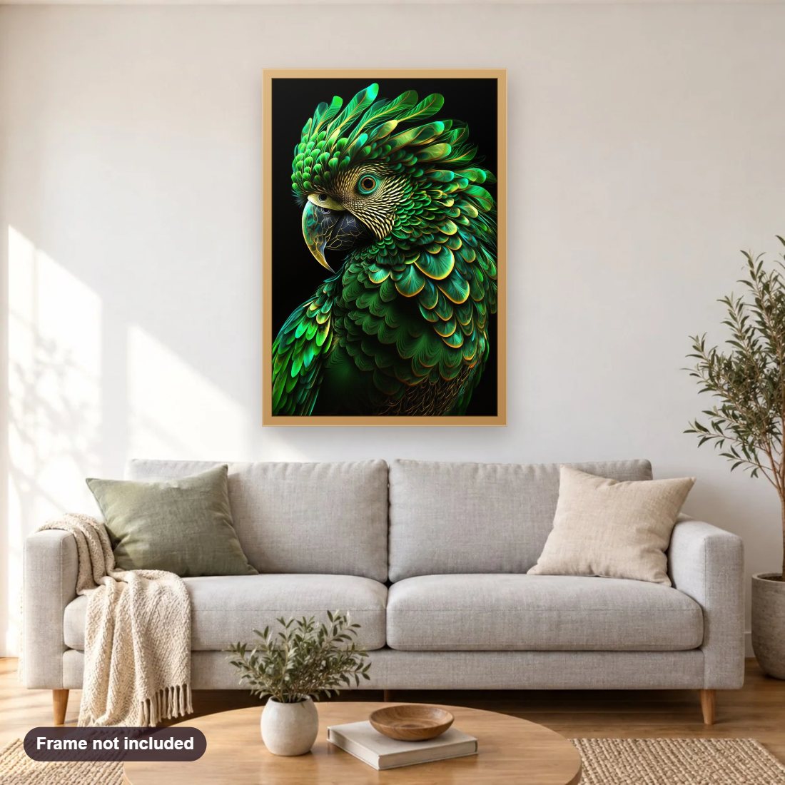 Realistic Macaw diamond painting shown framed on a living room wall above a sofa