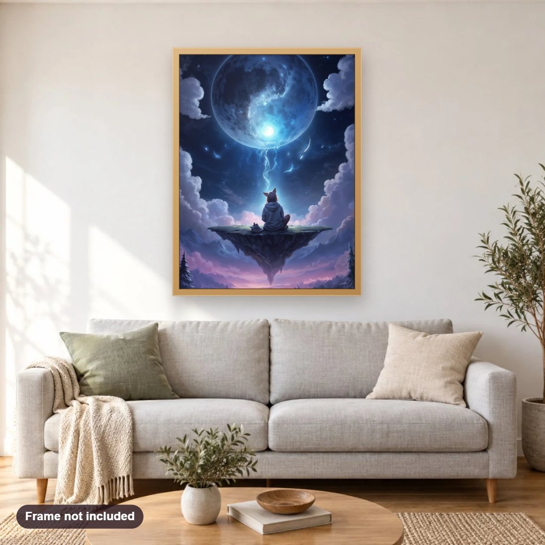 Realm of Wonders diamond painting shown framed on a living room wall above a sofa