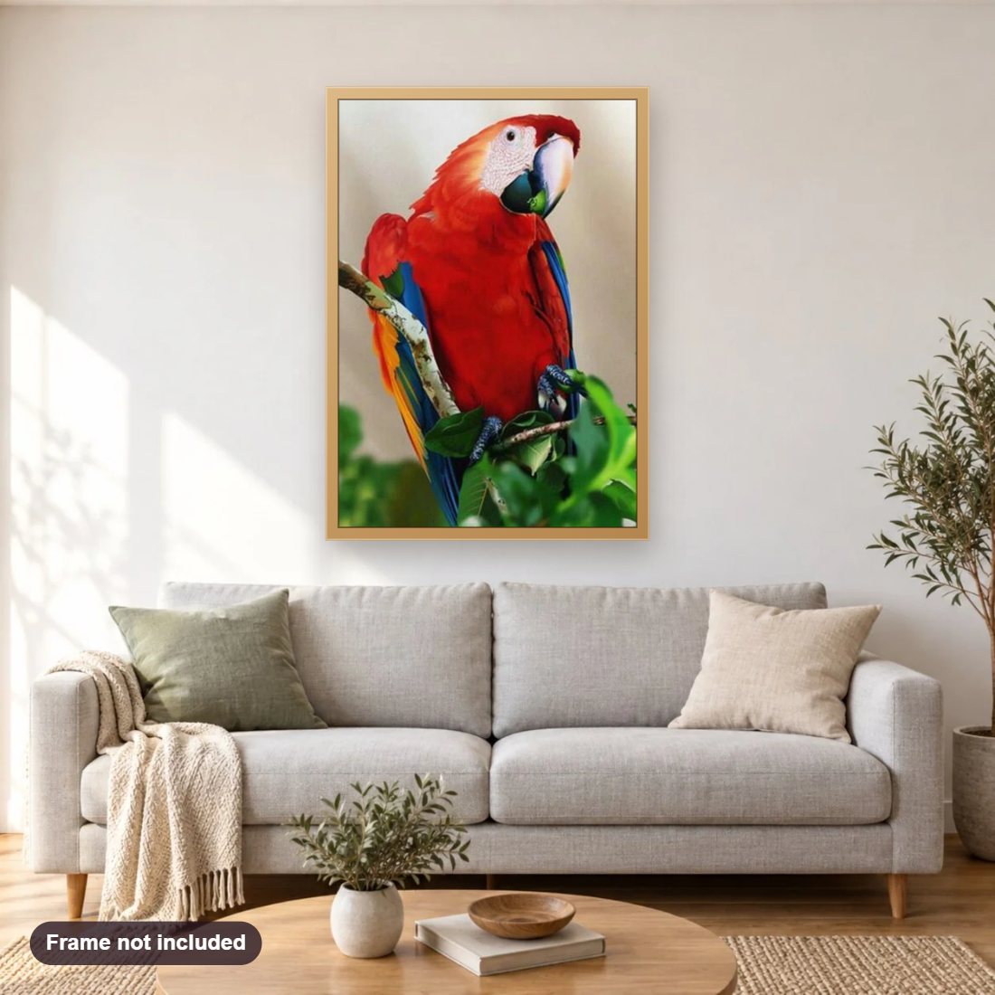 Red Parrot diamond painting shown framed on a living room wall above a sofa