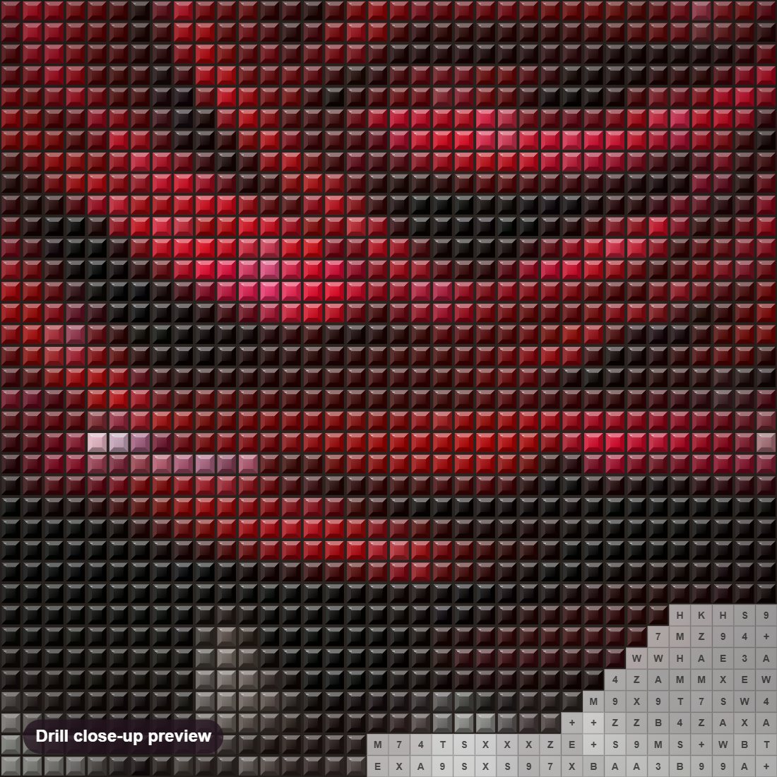 Close-up preview of the Red Rose diamond painting with square 5D drills and printed canvas symbols