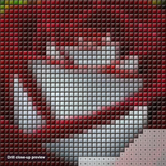 Close-up preview of the Red White Osiria Ruby Rose diamond painting with square 5D drills and printed canvas symbols