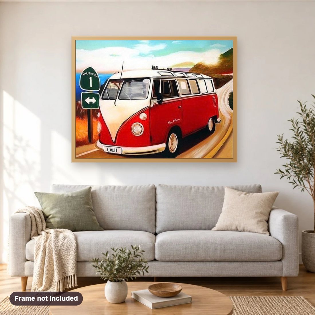 Red & White Volkswagen Type 2 diamond painting shown framed on a living room wall above a sofa