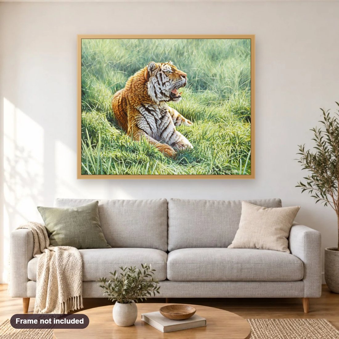 Resting Tiger diamond painting shown framed on a living room wall above a sofa