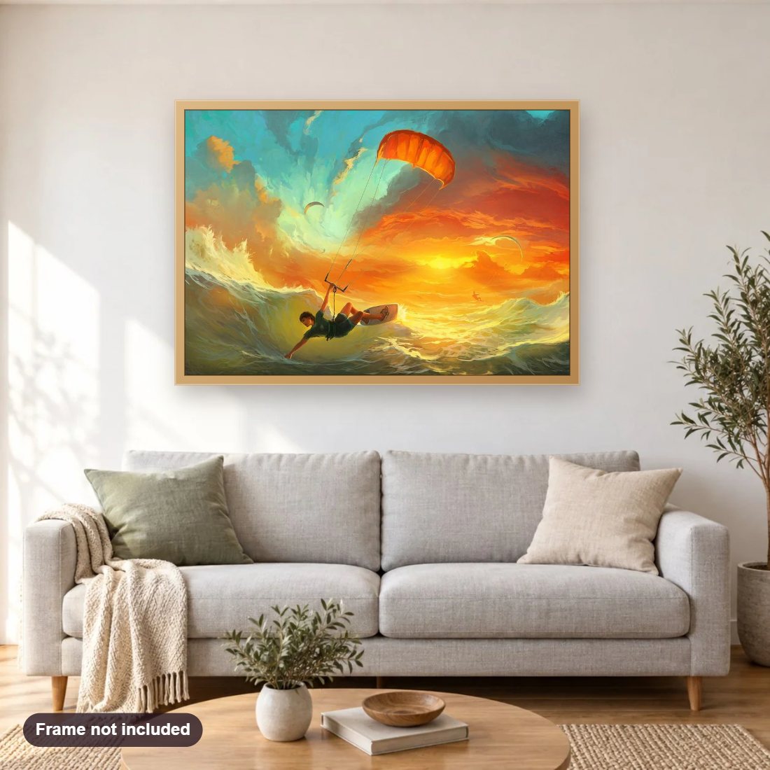 Rhads Lords of the Winds diamond painting shown framed on a living room wall above a sofa