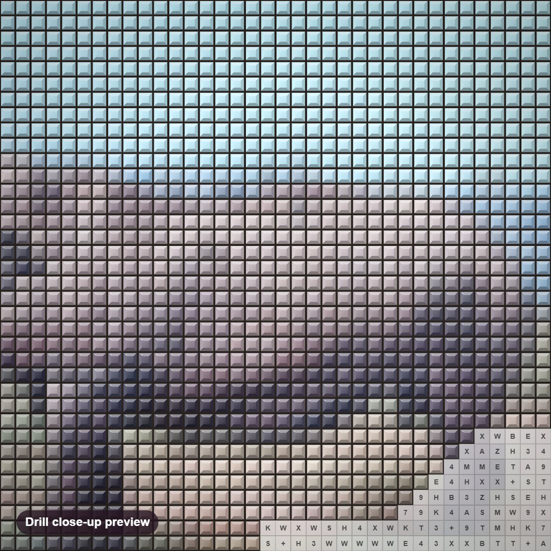 Close-up preview of the Rhino diamond painting with square 5D drills and printed canvas symbols
