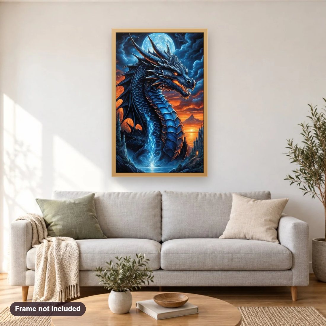 Rise of the Blue Dragon diamond painting shown framed on a living room wall above a sofa