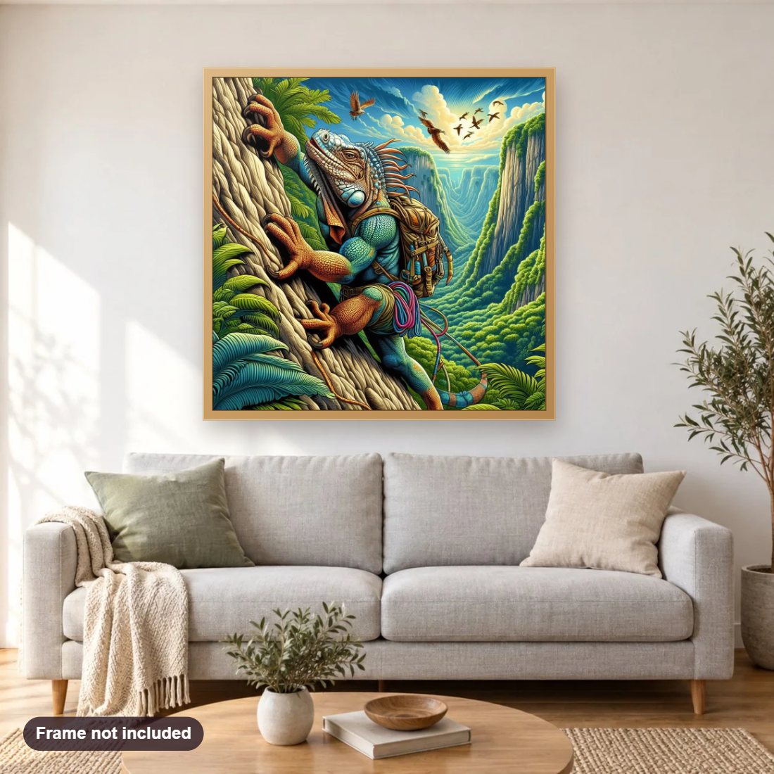 Rock Climbing Lguana diamond painting shown framed on a living room wall above a sofa
