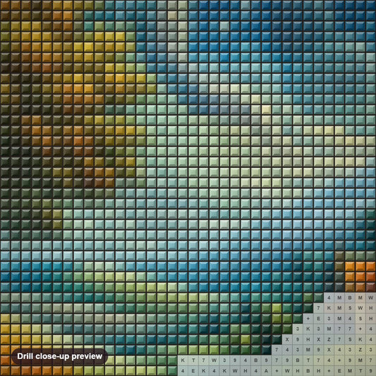 Close-up preview of the Rolling Hills Landscape diamond painting with square 5D drills and printed canvas symbols