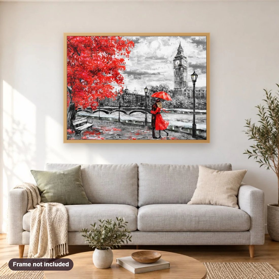 Romantic Couple diamond painting shown framed on a living room wall above a sofa