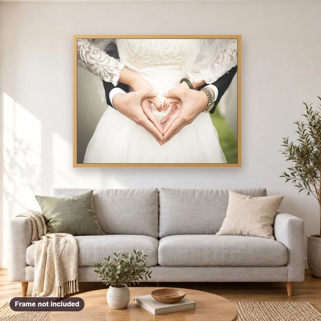 Romantic Couple diamond painting shown framed on a living room wall above a sofa